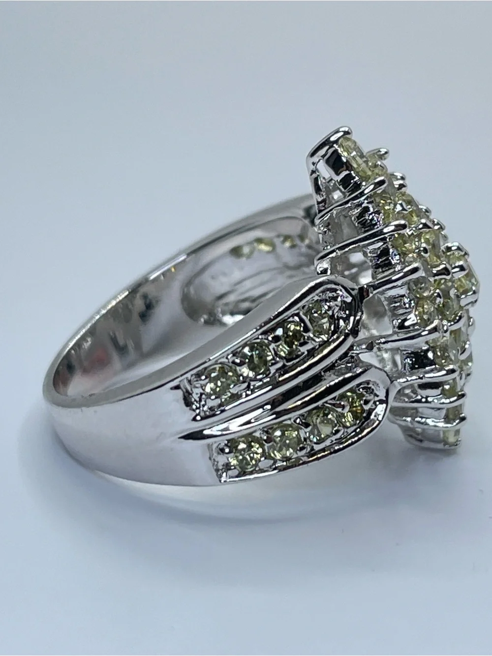 Swarovski Crystal Elements Pale Yellow Art Deco Vintage Look Silver Ring Sz 7